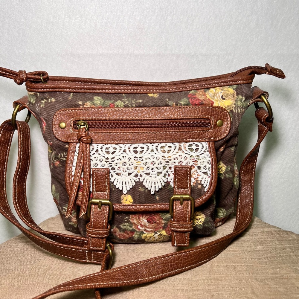 Floral Canvas Crossbody Brown Lace Trim 90s Nostalgia Y2K Cottagecore Boho Bag - Picture 2 of 13